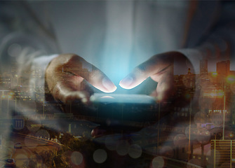 Image showing Hands, phone and overlay with a man typing online for information technology and networking. Business person with smartphone for ux, city research and double exposure of 5g network connection