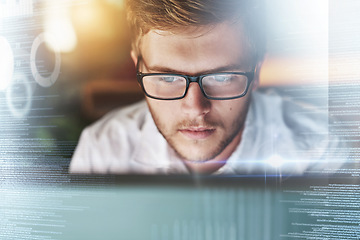 Image showing Programmer, code and man with hologram, cyber security and data analysis for communications, futuristic and focus. Male, employee and coder with holographic, futuristic and research for stock market