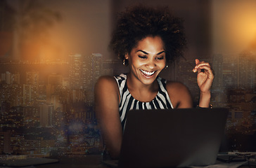 Image showing Overlay, black woman and business with laptop, smile and futuristic ideas for opportunity, growth and metaverse. Future, African female employee and leader with skills, management and device for data