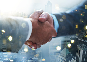Image showing Handshake, business men trust and city overlay with bokeh of b2b partnership deal. Thank you, contract agreement and shaking hands of corporate collaboration and networking cooperation success