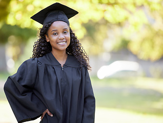 Image showing Success, graduation and smile with portrait of black woman in nature for education, happy and college with mockup. Scholarship, study and university with student for mindset, school and future goals