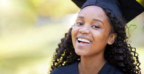 Image showing Happy, graduation and smile with portrait of black woman for education, success and college with mockup. Scholarship, study and university with face of student for mindset, school and future