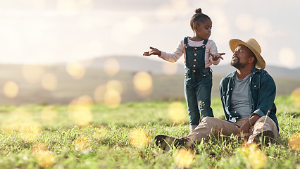 Image showing Bonding, relax and father and child on a field for playing, adventure and conversation in nature. Agriculture, communication and African dad talking to a playful girl on the grass in the countryside