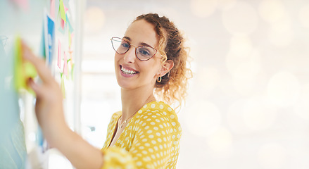 Image showing Business woman, project planning and paper sticky notes with happy employee with mockup. Bokeh, creative worker and content schedule planning of a young worker with a smile and web strategy agenda