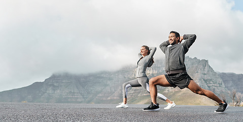 Image showing Exercise, mockup and couple workout and stretch together outdoors in nature by a mountain for health, wellness and fitness. People, partners and athletes training and keeping fit and heathy