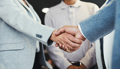 Image showing Shaking hands, acquisition and business people investment deal, b2b contract agreement or client negotiation meeting. HR hiring welcome, thank you or lawyer job interview with human resources manager