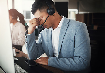 Image showing Customer service consulting, stress headache or man telemarketing on contact us CRM or telecom microphone. Call center burnout, web ecommerce or information technology consultant with medical crisis