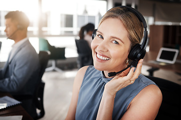 Image showing Call center, portrait consultant or woman telemarketing sales on contact us CRM or telecom microphone. Customer service ERP, happy ecommerce administration or female information technology consulting