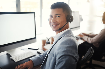 Image showing Call center computer, portrait consultant and man telemarketing online on contact us CRM or telecom microphone. Male customer service, ERP ecommerce mockup and happy information technology consulting