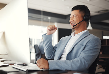 Image showing Customer service computer, consulting or happy man celebrate telemarketing on contact us CRM or ERP telecom. Asian call center, online ecommerce success and excited information technology consultant