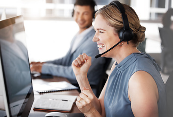 Image showing Customer service computer, consulting or happy woman celebrate telemarketing on contact us CRM or ERP telecom. Call center success, ecommerce achievement and excited information technology consultant