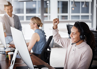 Image showing Customer support computer, consulting or happy man celebrate telemarketing on contact us CRM or ERP telecom. African call center success, ecommerce winner or excited information technology consultant