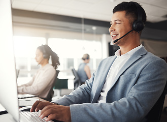 Image showing Customer support, happy consultant and man telemarketing communication on contact us CRM or telecom microphone. Call center administration, ecommerce ERP and information technology consulting online