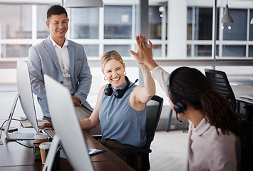 Image showing Customer support high five, consulting or team celebrate telemarketing success, contact us CRM goals or ERP telecom. Call center diversity, ecommerce winner or happy technical support consultant