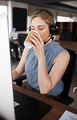 Image showing Call center consultant, coffee drink or woman telemarketing on contact us CRM or telecom microphone. Tea, customer service ERP or professional agent consulting for online ecommerce administration