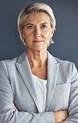 Image showing Portrait, business and senior woman arms crossed, leadership and opportunity against studio background. Face, mature female manager and employee with gesture for confidence, skills or ceo on backdrop