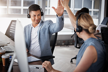 Image showing Customer support high five, consulting and happy people celebrate telemarketing on contact us CRM or ERP telecom. Call center achievement, ecommerce team and excited information technology consultant