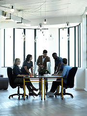 Image showing Business people, meeting and team collaboration for corporate strategy in boardroom or conference table. Group of employee workers in planning, brainstorming or teamwork for company goals in workshop