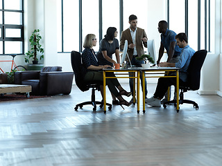 Image showing Business people, meeting and mentor training team in office, boardroom or conference table for strategy. Group of employee workers with coach in planning for company goals in workshop