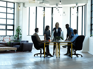 Image showing Business meeting, startup team and accounting company collaboration at workplace. Finance employee group, work communication and working accountants planning with financial strategy data and teamwork