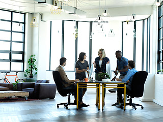 Image showing Business meeting, office communication and accounting company collaboration at workplace. Finance employee group, conversation and working accountants planning with financial strategy and teamwork