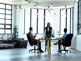 Image showing Business woman leader, office team and accounting company collaboration. Finance employee group, work communication and working accountants planning with financial strategy data in a meeting at desk