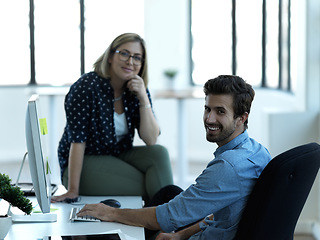 Image showing Portrait, man and woman in office, business and brainstorming for project, sales growth and advertising campaign. Face, happy male employee and female manager in workplace, smile or corporate success