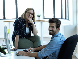 Image showing Smile, computer and portrait of man and woman in the office for teamwork, collaboration and management. Strategy, designer and mentor with employee in digital agency for idea, learning and goals