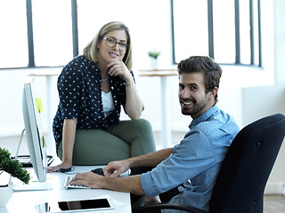 Image showing Happy, teamwork and portrait of man and woman at computer for management, collaboration and planning. Strategy, designer and mentor with employee in digital agency for idea, learning and goals