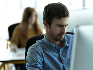 Image showing Business man, computer work and concentrating on web designer planning a website layout. Content management, startup and employee working on creative strategy design with tech software in a company