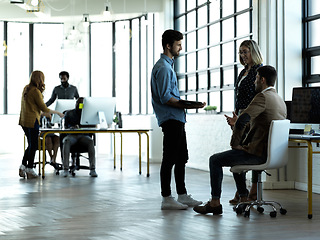 Image showing Startup, company and business team in meeting talking or discussion about growth strategy in the office. Collaboration, partnership and meeting by management group planning and brainstorming