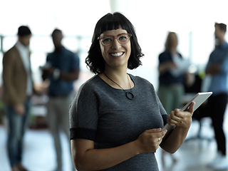 Image showing Technology, leadership and portrait of woman with tablet for email, sales or social media on web. Research, leader and company ceo networking with online communication in management at startup office