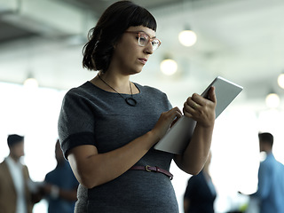 Image showing Technology, administration and woman with tablet reading email, sales or social media on web. Research, leadership and company ceo networking with online communication in management at startup office