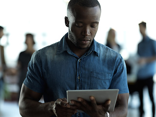 Image showing Technology, business and black man with tablet reading email, sales or social media on web. Research, internet and company ceo networking with online communication in management at startup office