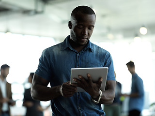 Image showing Business, internet and black man with tablet reading email, sales or social media on web. Research, analytics and company ceo networking with online communication in b2b management at startup office.