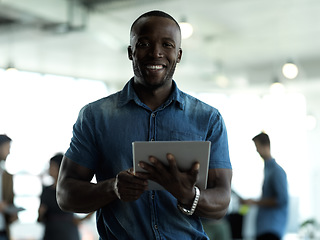 Image showing Technology, business and portrait of black man with smile, vision and tablet for email, sales or web networking. Research, company leader and online communication in b2b management at startup office.