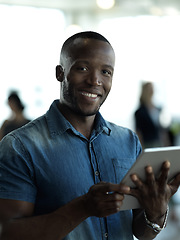 Image showing Smile, business and portrait of black man with tablet for email, sales or global networking. Research, happy company leader with vision and online communication in b2b management at startup office.