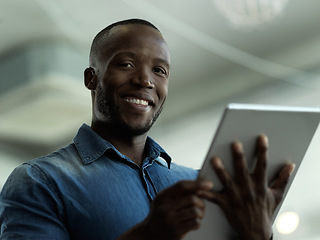 Image showing Smile, confidence and portrait of black man with tablet for email, sales or global networking. Research, happy company leader with vision and online communication in b2b management at startup office.