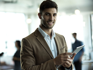 Image showing Technology, smile and portrait of businessman with tablet for email, sales report or online schedule in office. Research, leadership and ceo networking, online communication in management at startup.