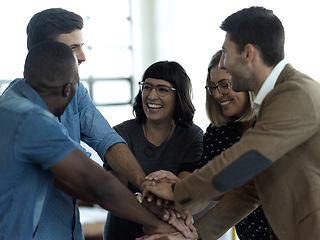 Image showing Support, success and teamwork with business people in office and celebration for motivation, winner or solidarity. Diversity, collaboration or trust with employees hands for goal, community or focus