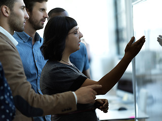 Image showing Creative business people, whiteboard and planning strategy in brainstorming, schedule or tasks at office. Group of employee workers in teamwork, collaboration or project management plan for startup