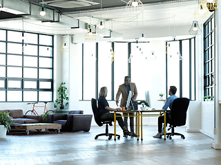 Image showing Business people, presentation with handshake and team in office for creative planning at window background. B2b, partner and teamwork meeting with corporate colleagues together for strategy or goal