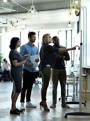 Image showing Creative people, meeting and collaboration on whiteboard for planning, brainstorming strategy or schedule at office. Group of employee workers in teamwork, ideas or project management for startup