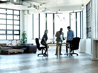 Image showing Business meeting, corporate team and accounting company collaboration at workplace. Finance employee group, work communication and working accountants planning with financial strategy and teamwork