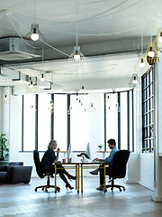 Image showing Office, corporate and colleagues on computer for report, review or online project at desk in coworking space. Employee, team and business people at startup for proposal, planning and creative design