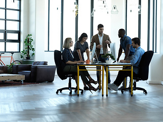 Image showing Business people, meeting and coaching in office, boardroom or conference table for team strategy. Group of employee workers in planning or teamwork training for company goals in workshop