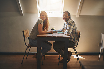 Image showing Portrait, couple and people in restaurant on a date smile, happy and enjoying Valentines Day together in the morning. Breakfast, man and woman on lunch at cafe or coffee shop for interracial dating