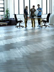 Image showing Planning, strategy and teamwork with business people in meeting with floor mockup for goal, idea or marketing. Collaboration, review or creative with employee in office for designer, mentor or vision