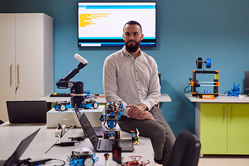 Image showing A bearded man in a modern robotics laboratory, immersed in research and surrounded by advanced technology and equipment.