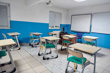 Image showing Empty chairs in classrom. Modern furniture. Interior of cafe. Conference hall.